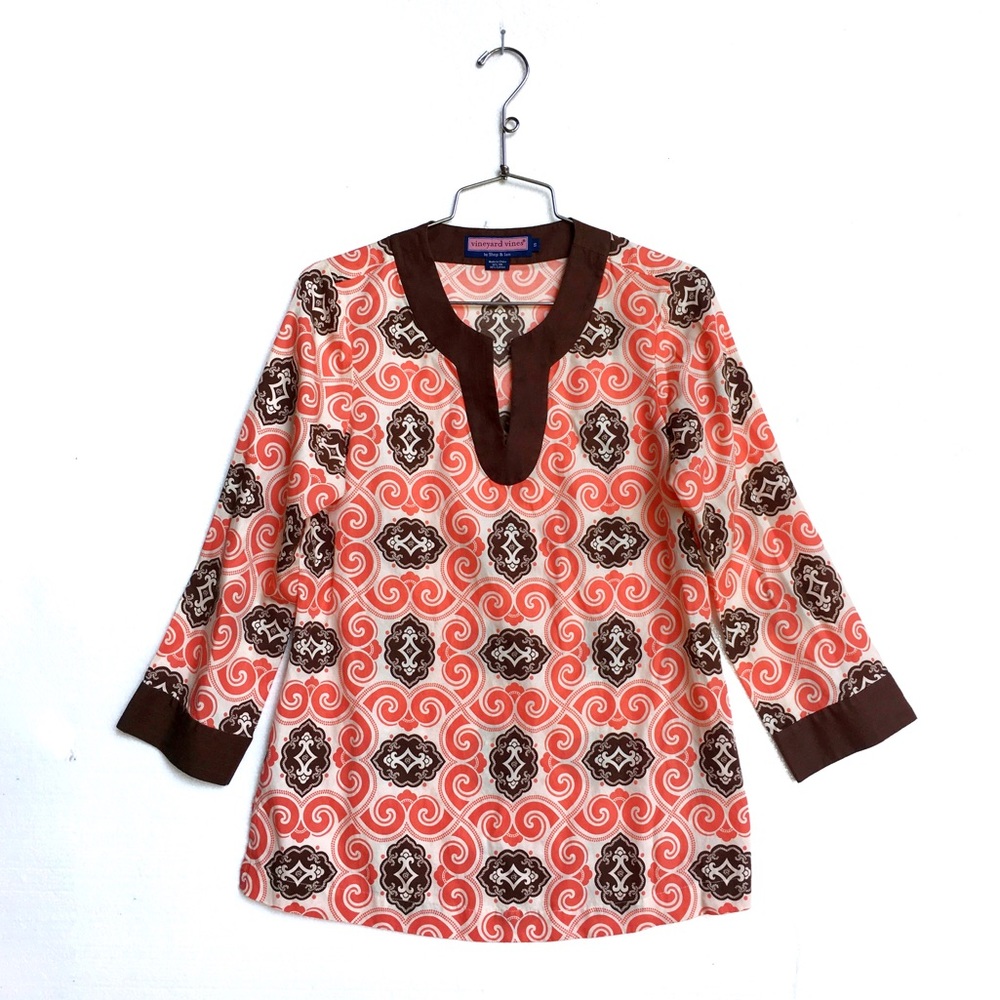 Vineyard Vines Coral & Brown Medallion Silk Tunic